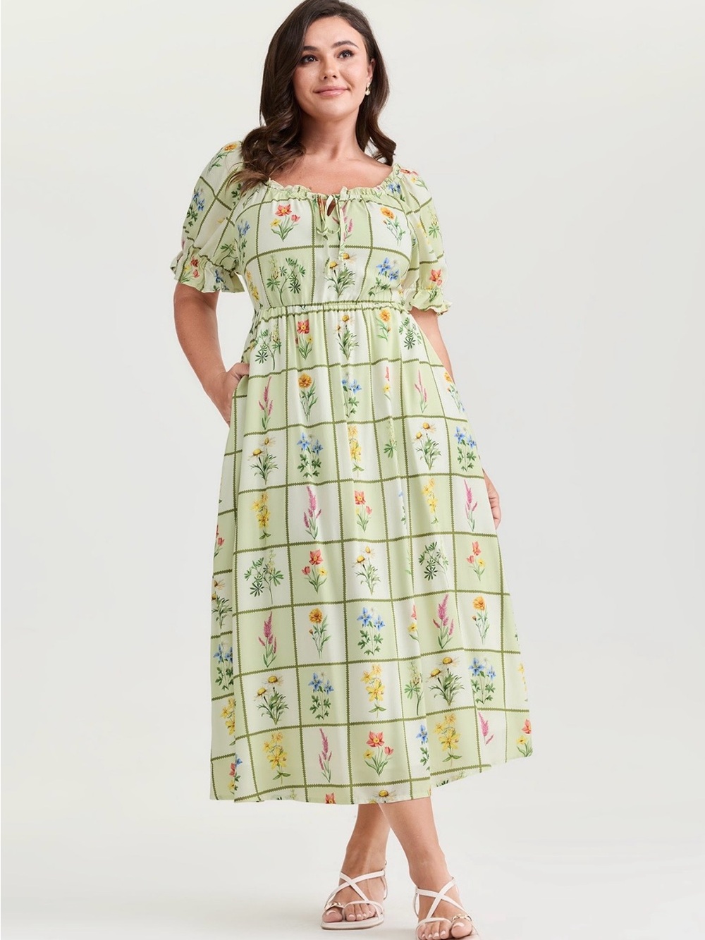 BloomChic Sage Grid Floral Midi Dress with Tie Neck size 1X (14-16) - Picture 5 of 15